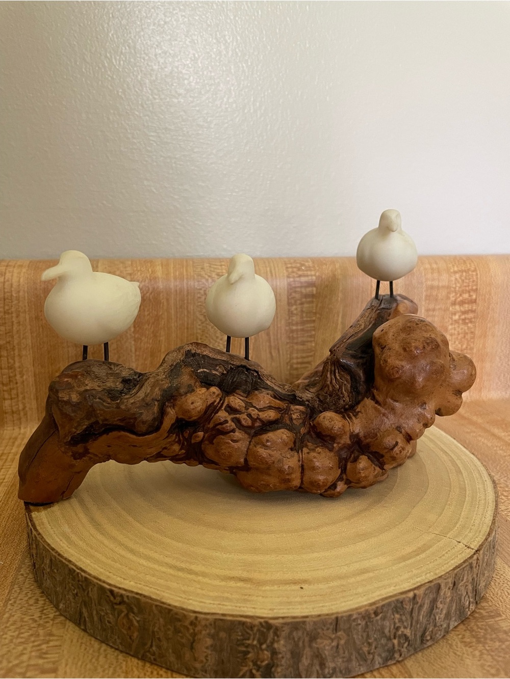 Woodland Driftwood Sculpture with Cream Bird Accents by John Perry